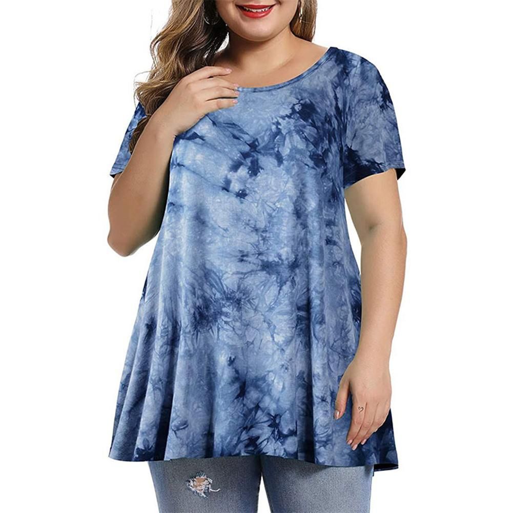 Women Plus Size Tunic Tops Floral Print Short Sleeves Vintage Flared Casual Loose Blouse Blue 6XL