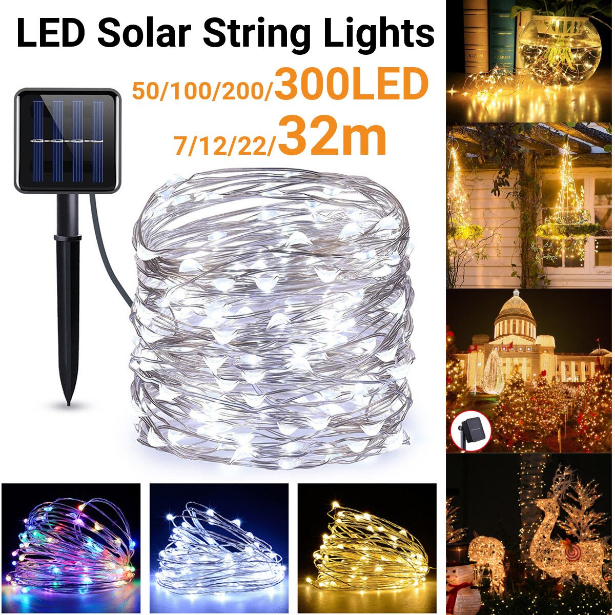 105FT 300LED Solar String Light Copper Wire Outdoor Waterproof Garden Decor Colorful-32m