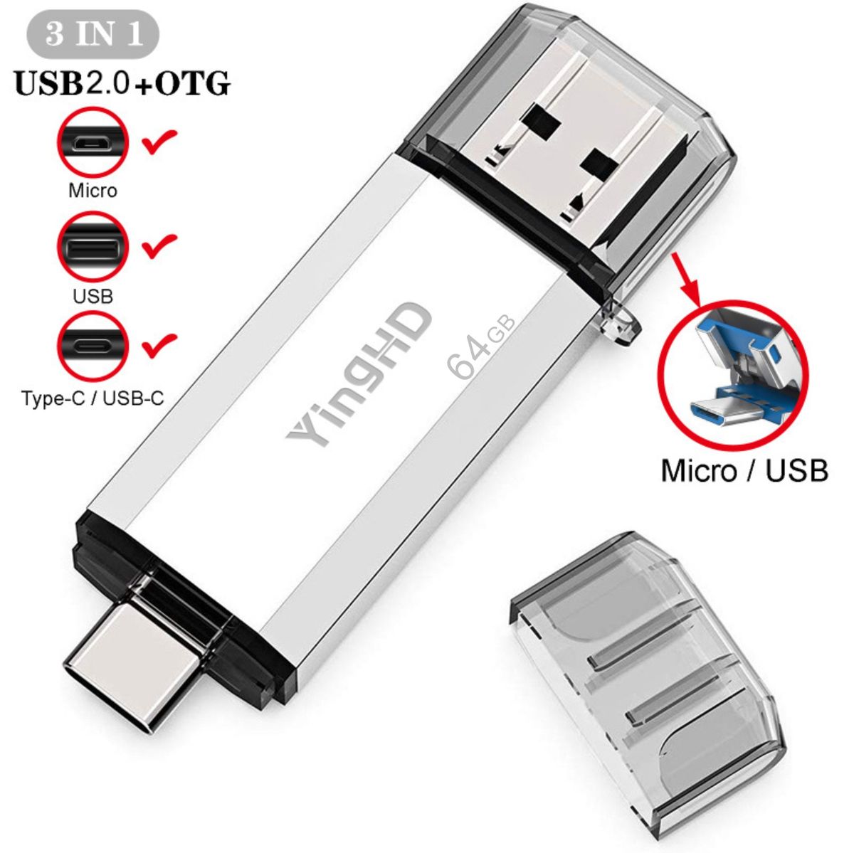 64GB OTG USB Flash Drive  For Type C PC Android Silver