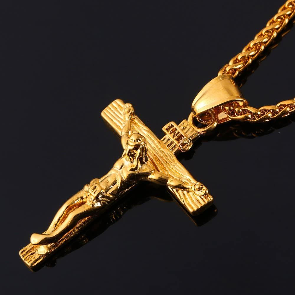 Men's Cross Pendant Jeweled Stainless Steel Necklace - Gold