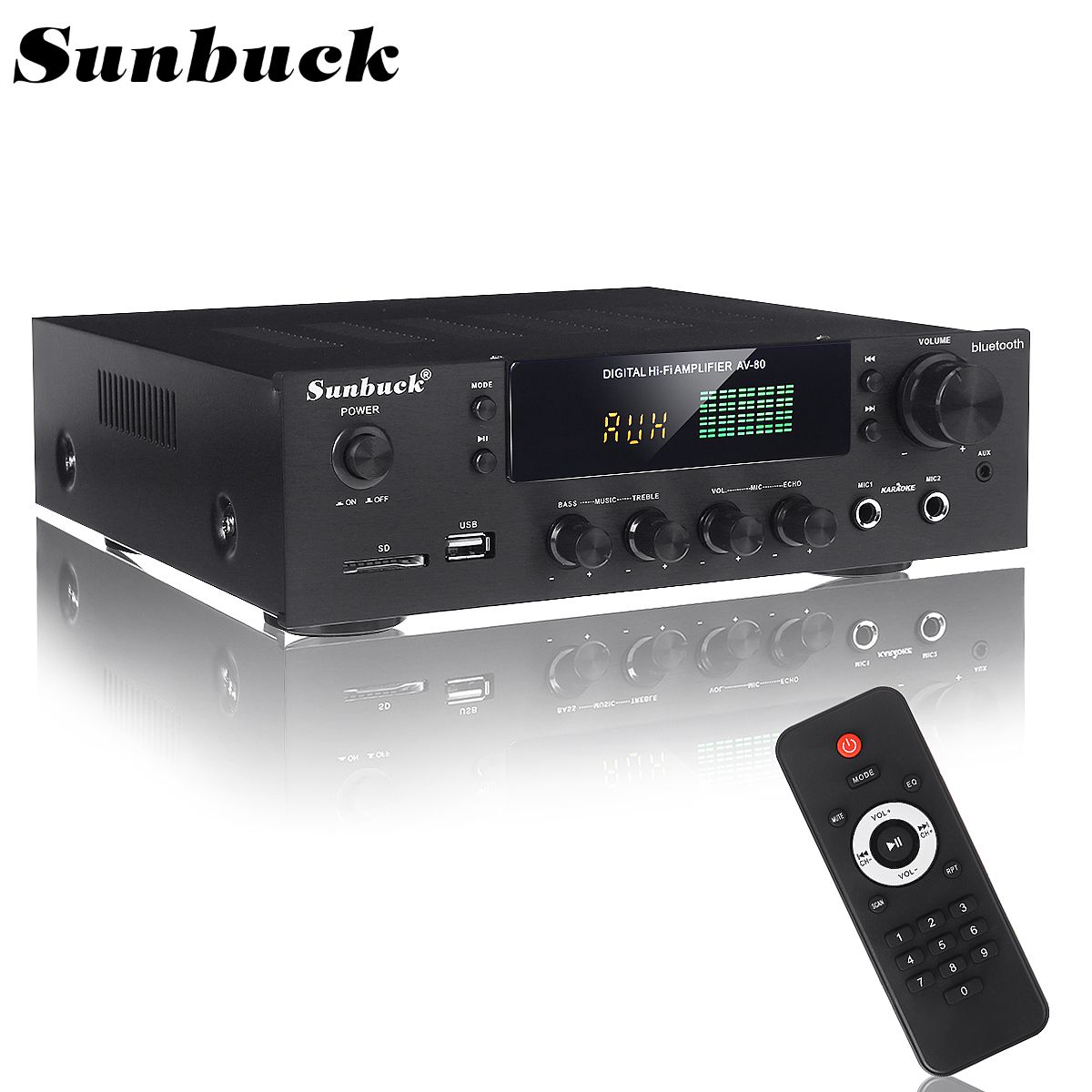2500W Max Bluetooth 5 Channel Power Amplifier HiFi Stereo Speaker Amp Support FM Radio 2 Mic USB SD Card Input 298BT-AV-80