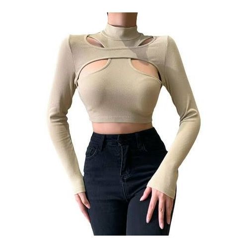 Women Criss Cross Cut Ribbed Long Sleeve High Collar T-Shirt Crop Top - Camel