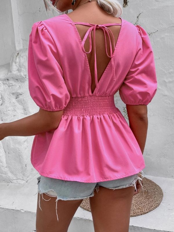 Ladies Plunging Neck Puff Sleeve Tie Back Shirred Peplum Blouse