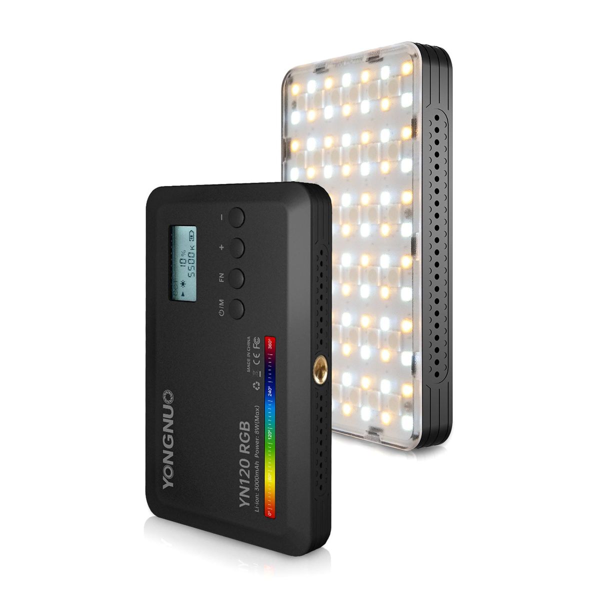 YONGNUO YN120 8W RGB Photography Lamp Bi-color LED Light Pocket Vlog Light 2500K-9900K Color Temperature Dimmable with 0.96in LCD Screen 120 LED Beads 31 FX Lighting Effects 1/4in Standar Threaded Holes 3000mAh Battery Built 