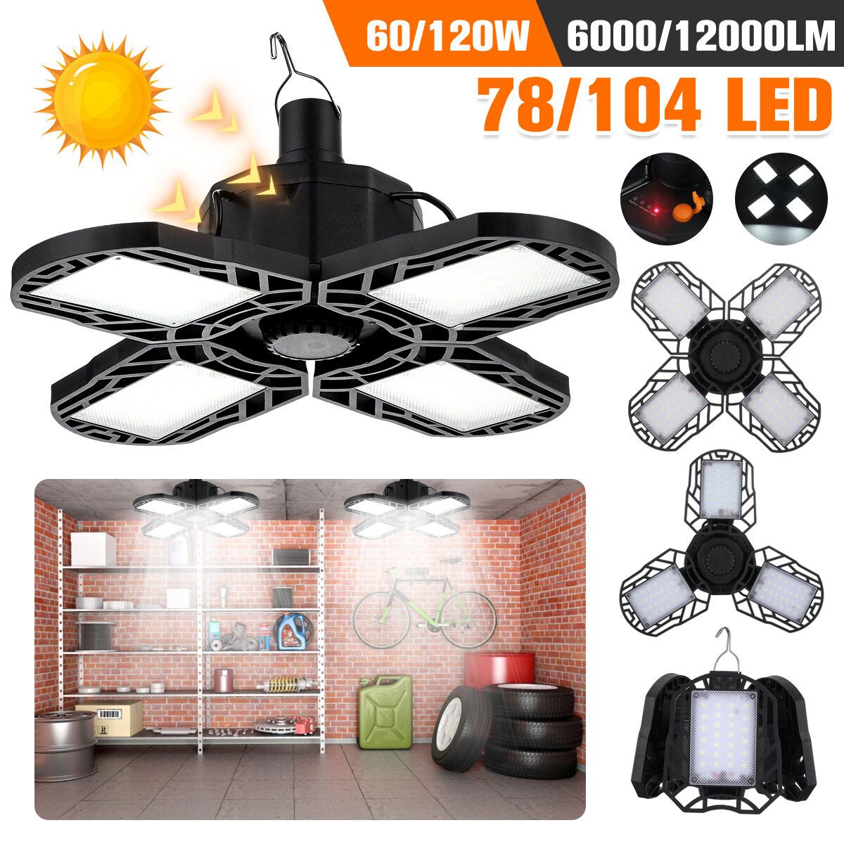 60/120W 78/104LED Adjustable LED Garage Lights Shop 90 Angle Adjustable 4 Gear Display Deformable Ceiling Light Fixtures Lamp Three Leaves Without Solar