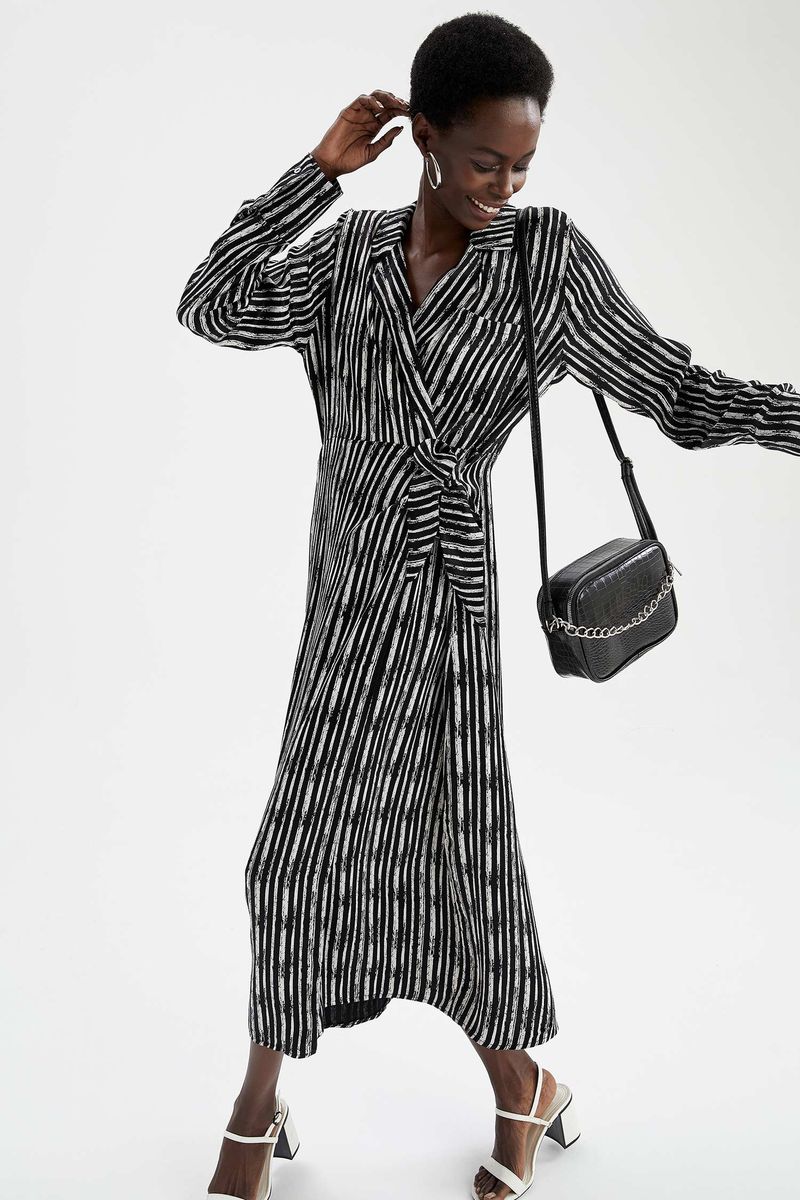 Woman Casual Shirt Neck Long Sleeve Woven Dress - Black