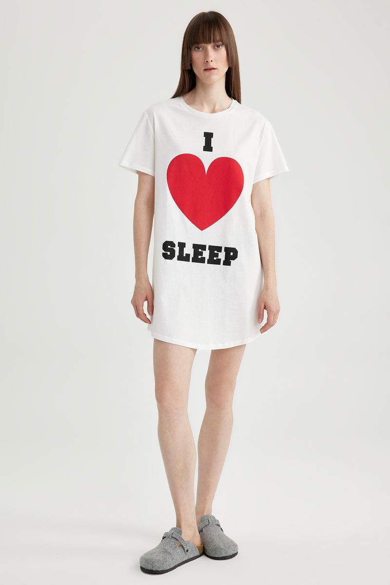 Woman Casual Regular Fit Short Sleeve Crew Neck Homewear Knitted Dress - Ecru