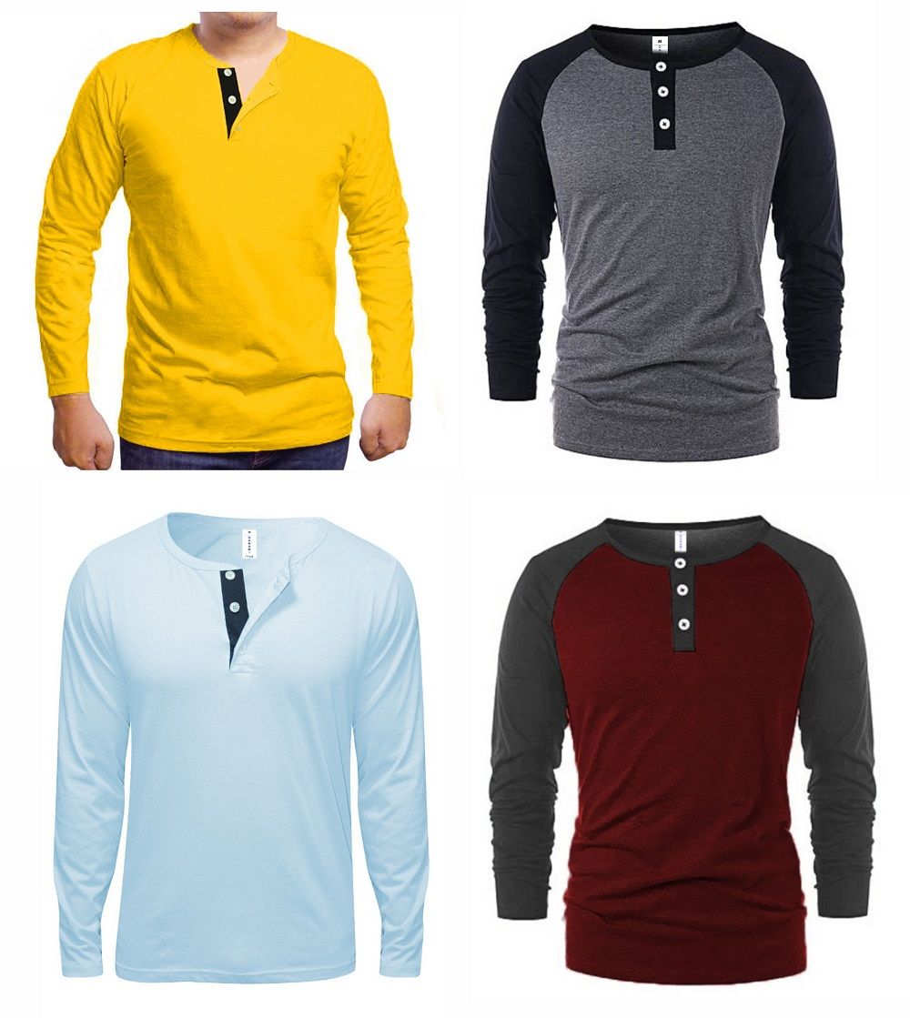 4 In One Button T Shirts- Yellow Blue Black/grey Wine/grey