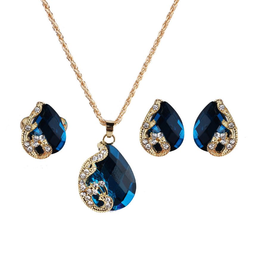 Women's Pendant Necklace Earrings Ring Jewelry Set (Blue)