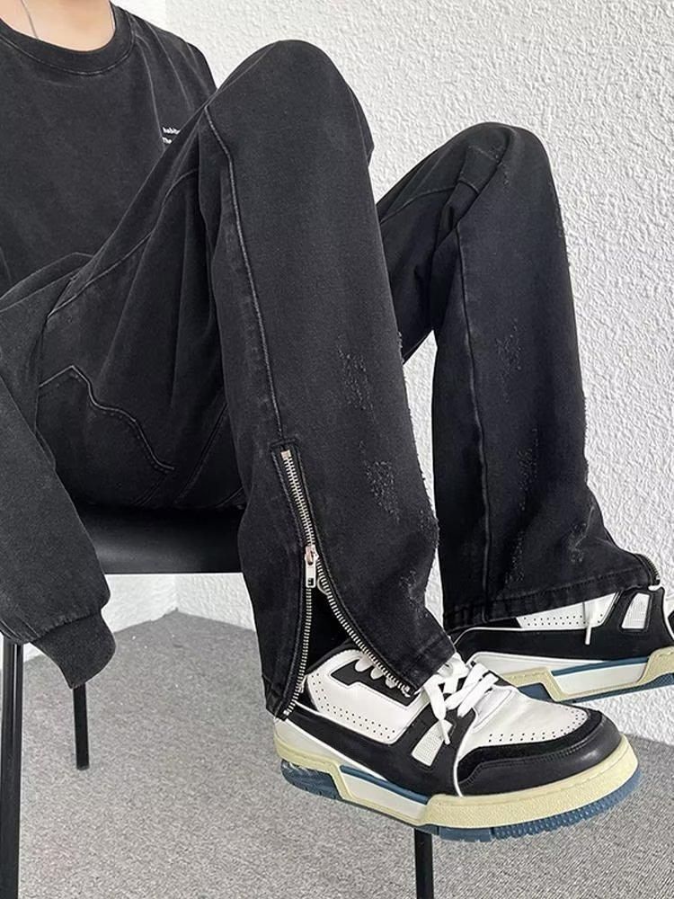 Men's Jeans Zipper Slim Fit Straight Jeans Black