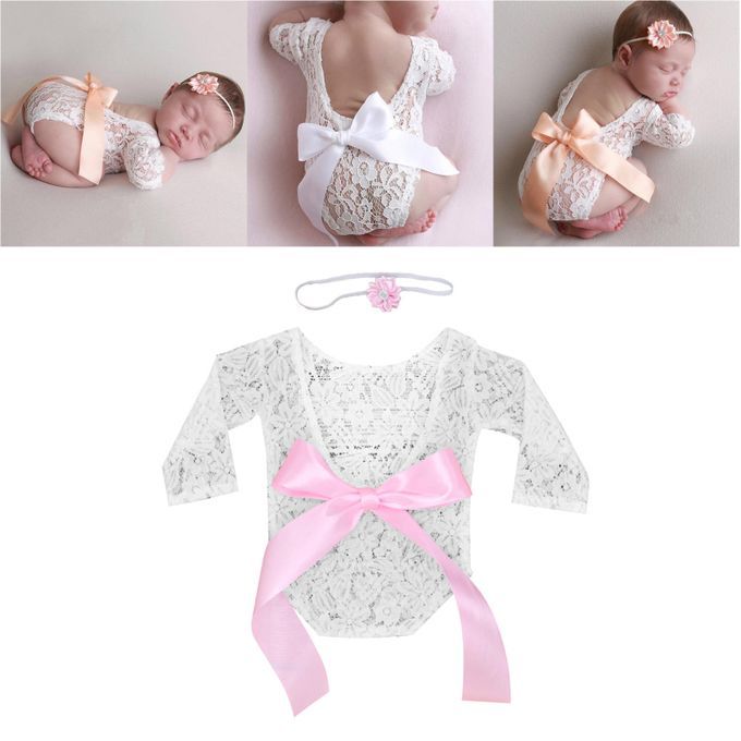 Newborn Girl Photo Shoot Clothes Bodysuit Lace Romper Big Bow Pink