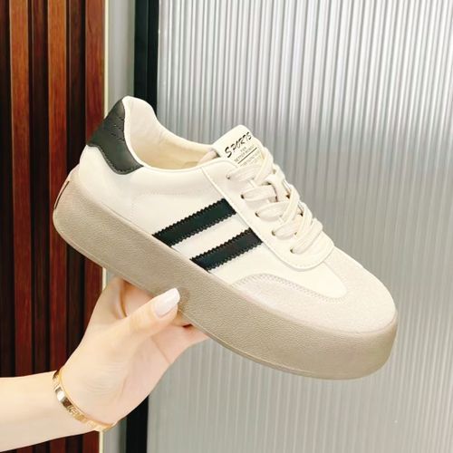 Women's PU Leather Shoes Thick-soled Girl's Sports Flat Shoes Beige