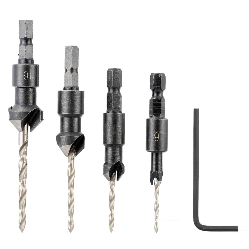 4 Pcs/set Professional Countersink Drill Bit Set with Quick Change Hex Shank High Speed Steel Carbon Steel Counter Bore Woodworking Tool