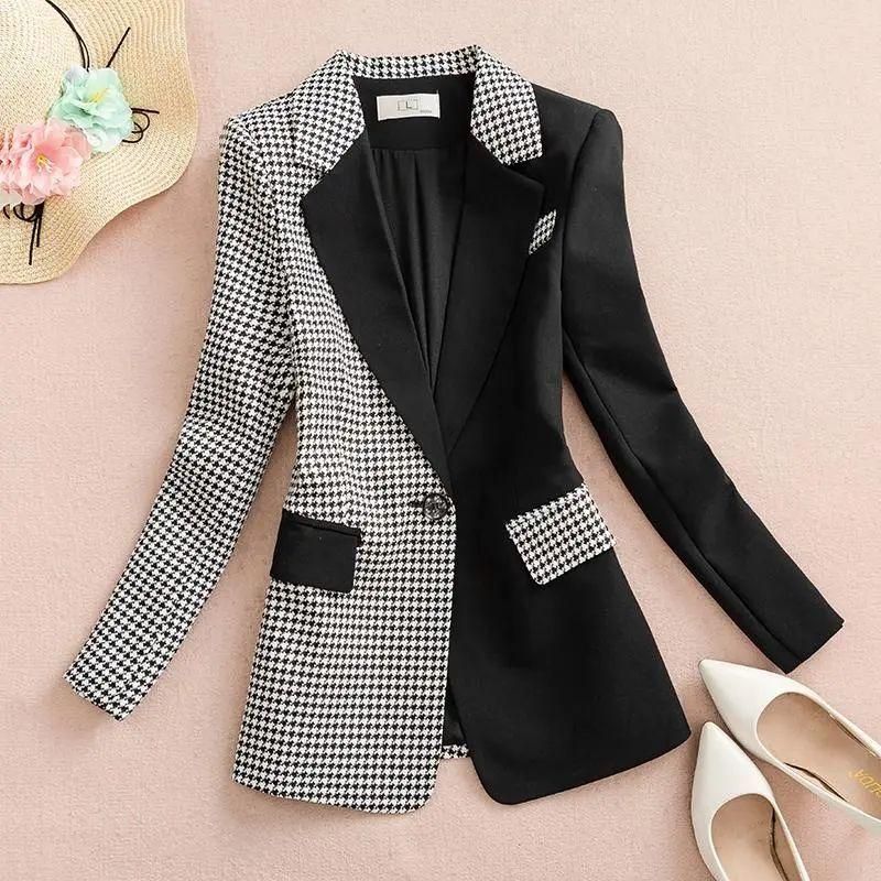 2023 Spring and Autumn Black Panel Houndstooth Suit Jacket Women's Design Sense Temperament Leisure Small Tailored Suit Top