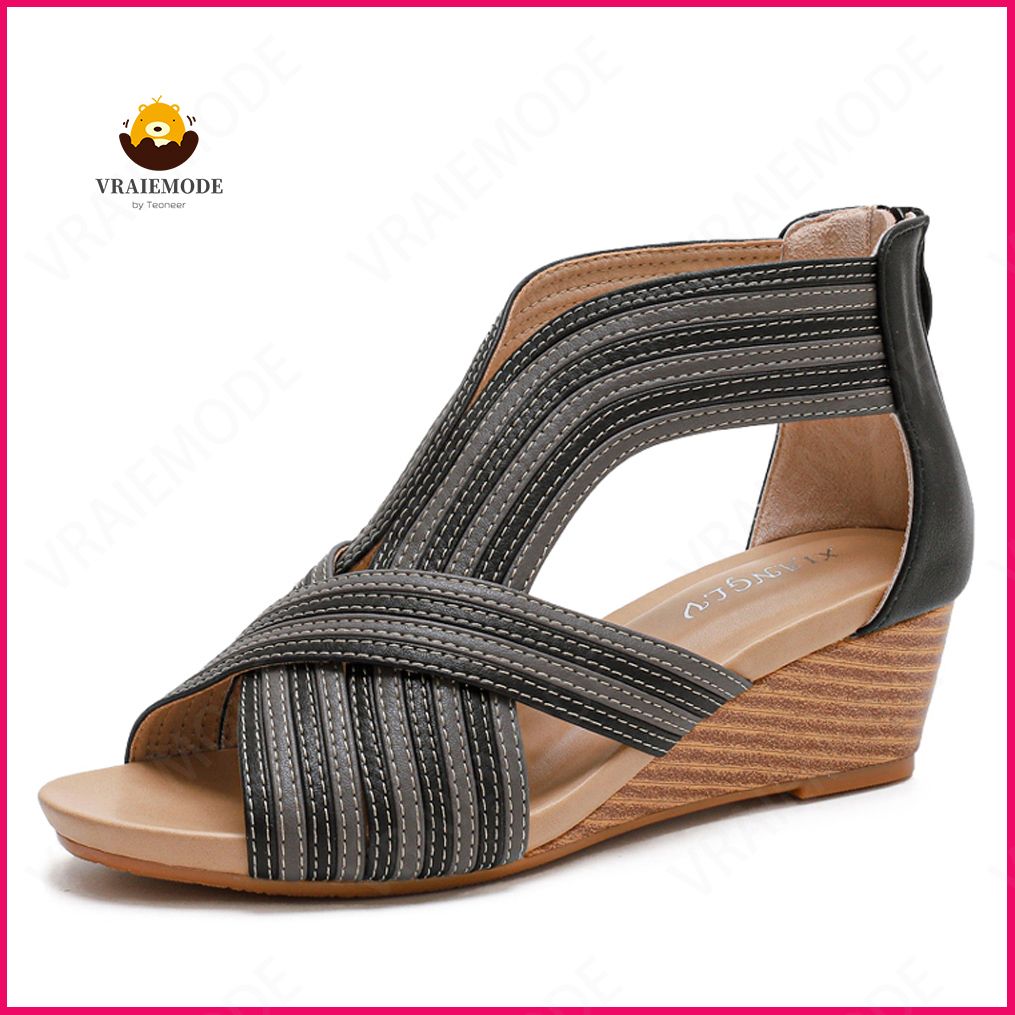 Slope Heel Sandals Women's Mid-heel European Fashion Casual Zipper Roman Shoes Ladies Sandals