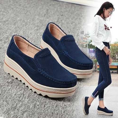 Womens Breathable Suede Round Toe Slip On Platform Wedges Shoes