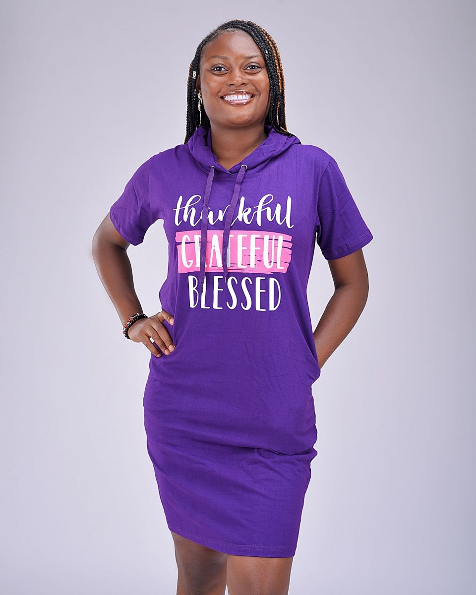 Thankful Grateful Blessed Hooded Short Gown- Purple
