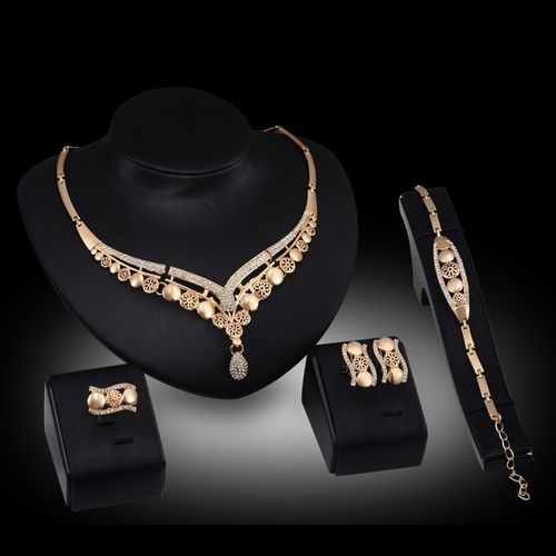 4-in-1 Earring Necklace Bracelet Gold Plated Silver Studded Jewelry Set
