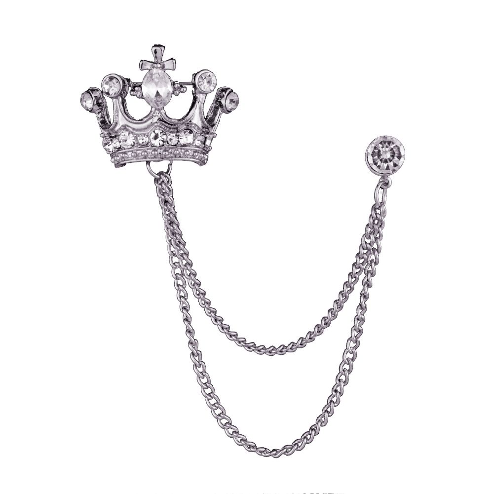 Unisex Crown Shape Brooch Tassel Chain Lapel Pin Retro Corsage Suit Accessory-Silver