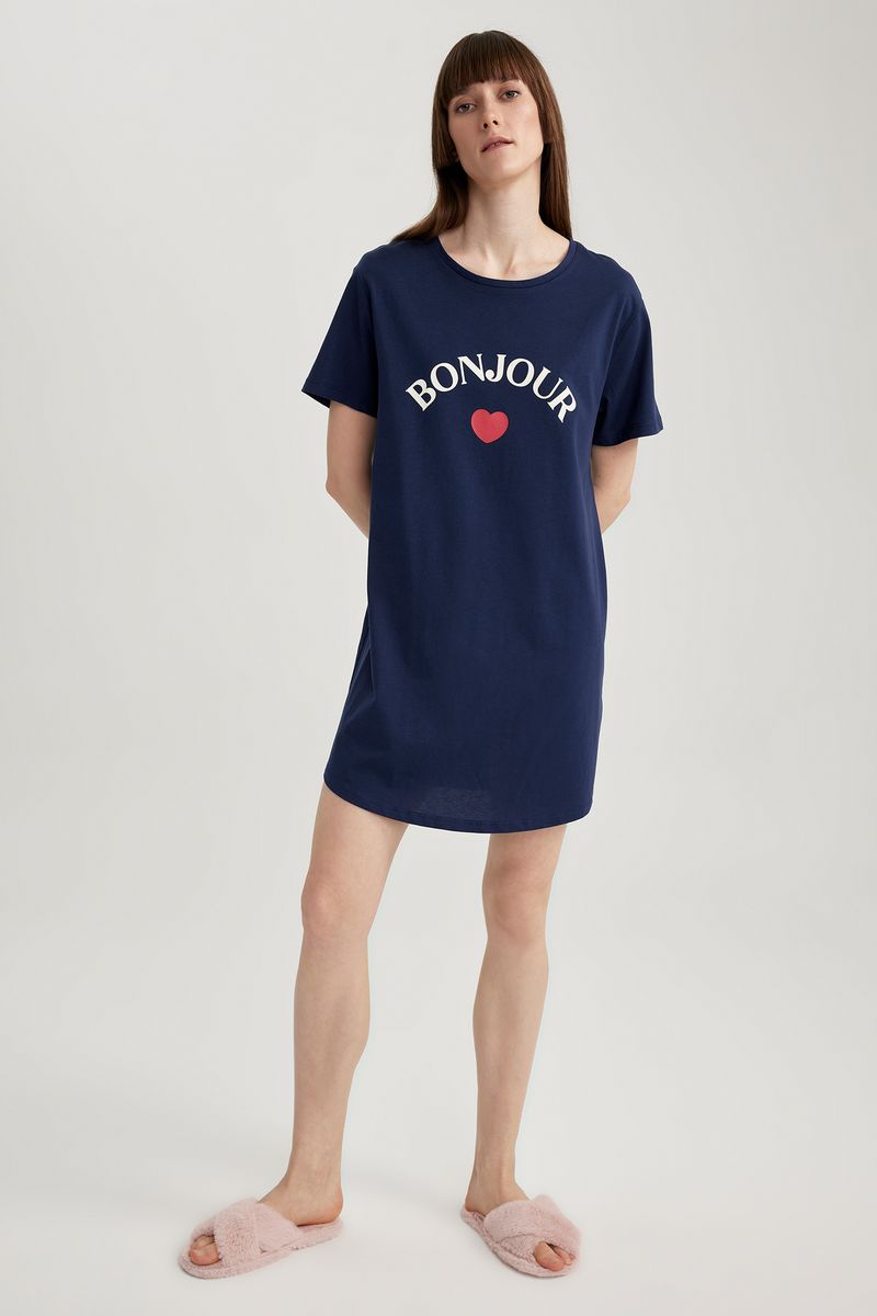 Woman Casual Regular Fit Short Sleeve Crew Neck Homewear Knitted Dress - Navy