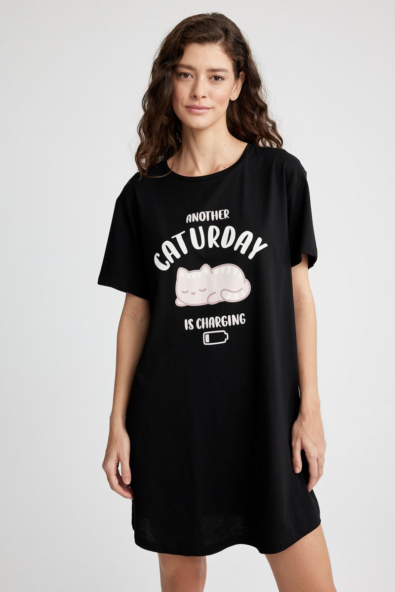 Woman Casual Regular Fit Crew Neck Short Sleeve Homewear Knitted Dress - Black