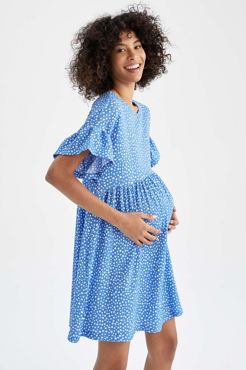Woman - A Line Short Sleeve Maternity Dress - Blue