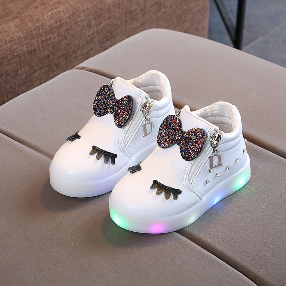All-match Children's Shoes With Light Cartoon Bows Soft Soles Girls' Shoes White