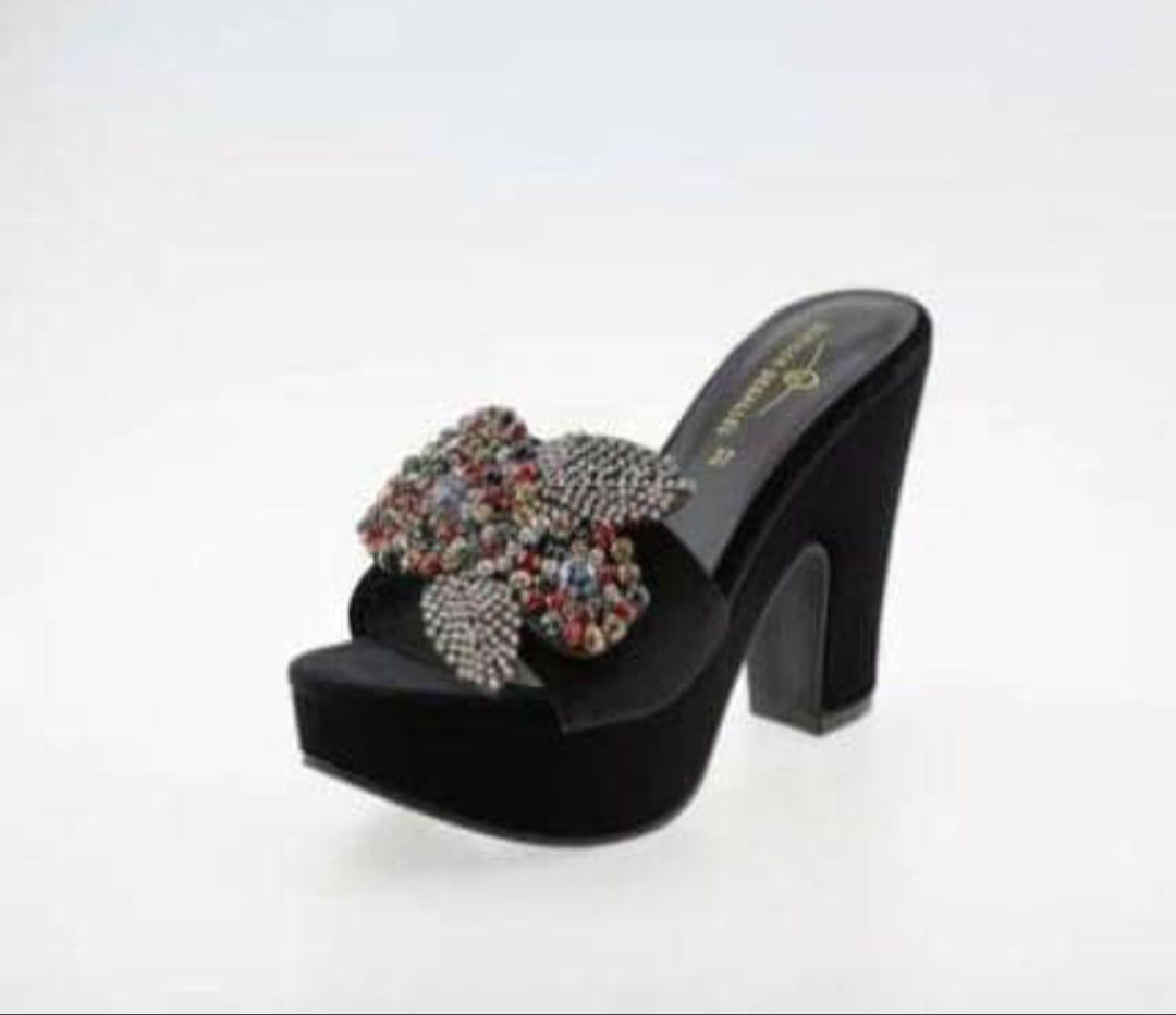 Ladies Wedge Mid Heel High Platform Slippers - BLACK