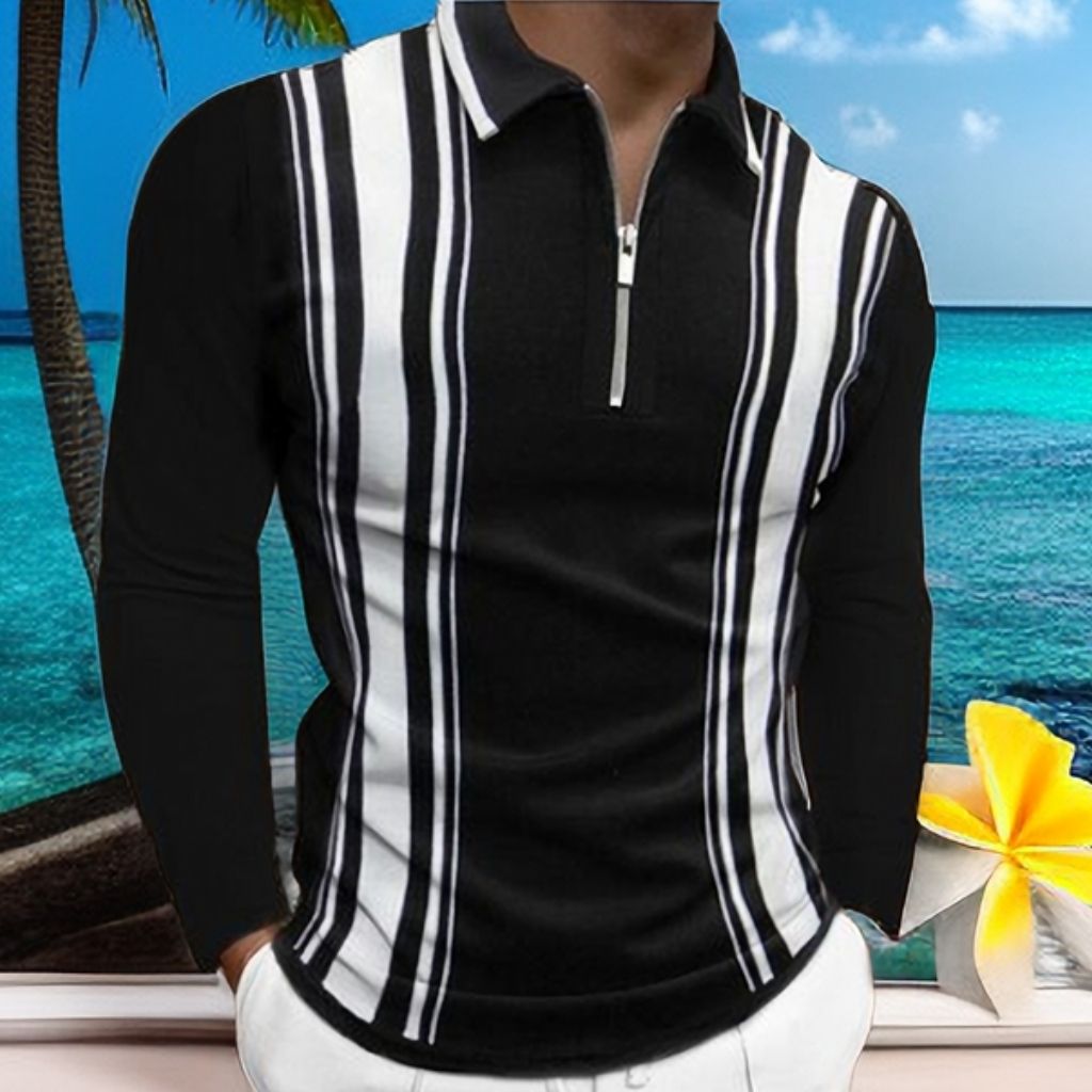 Men's Striped Shirts Long-sleeved Polo Shirt - Black