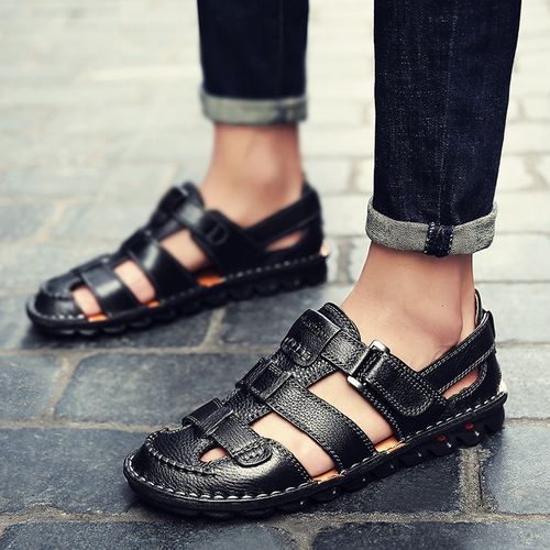 2020 Mens Fashion Slippers Sandals Leather Slippers -Black