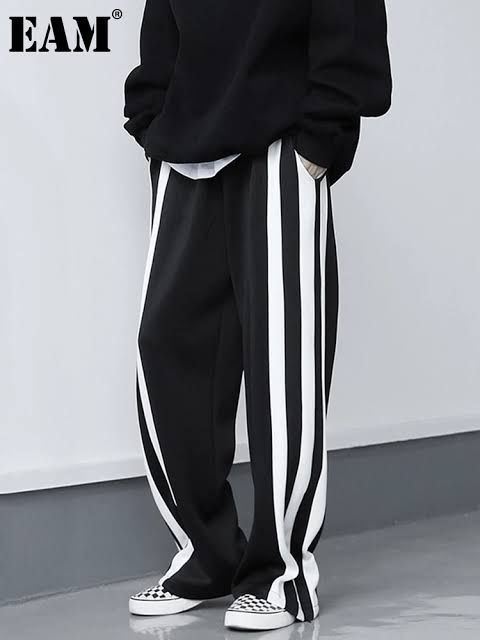 Handsome Unisex Over Wide Black Pants& White Striped Designs