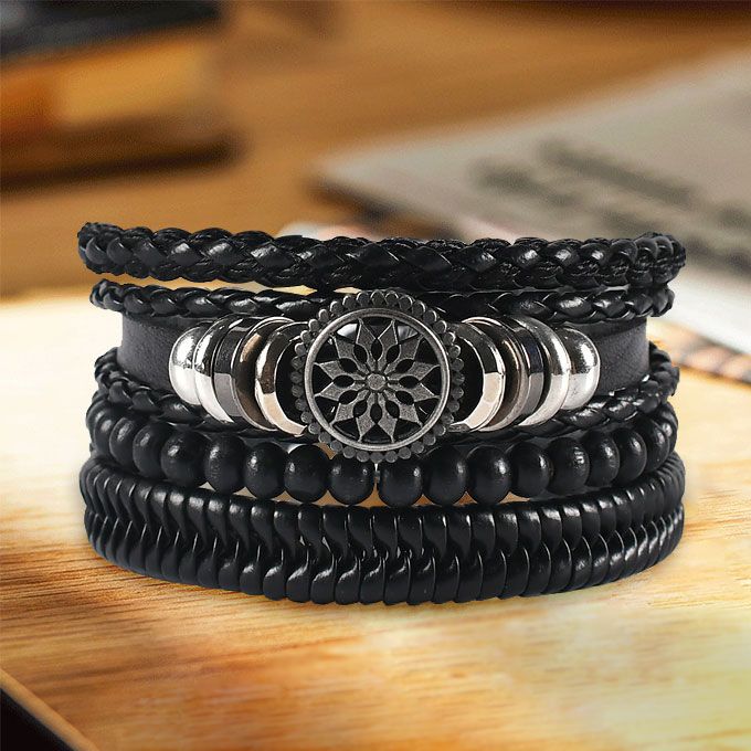 4 In 1 Retro Braided Adjustable Hand Bracelets-Black