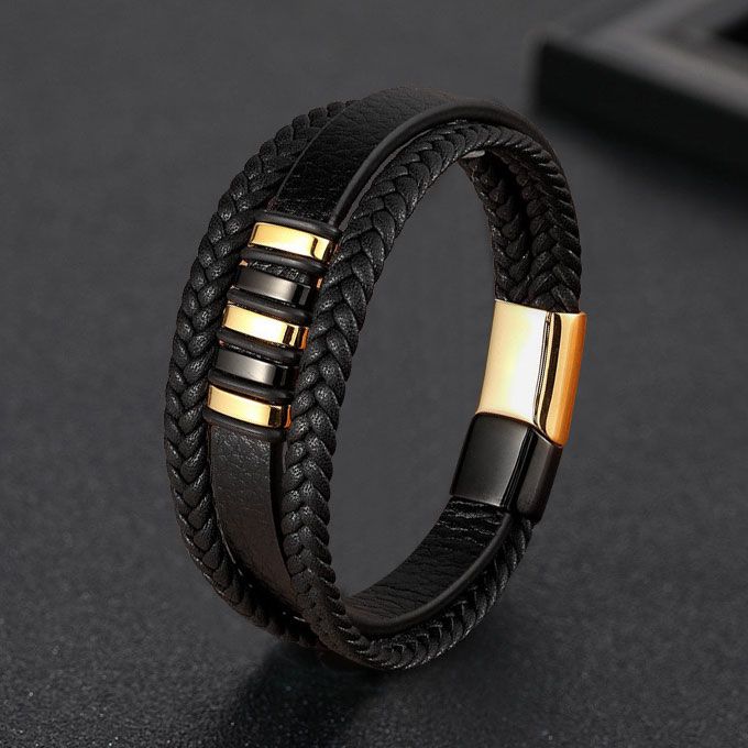 Unisex Classic Men Leather 3 Layer Bracelet-Black