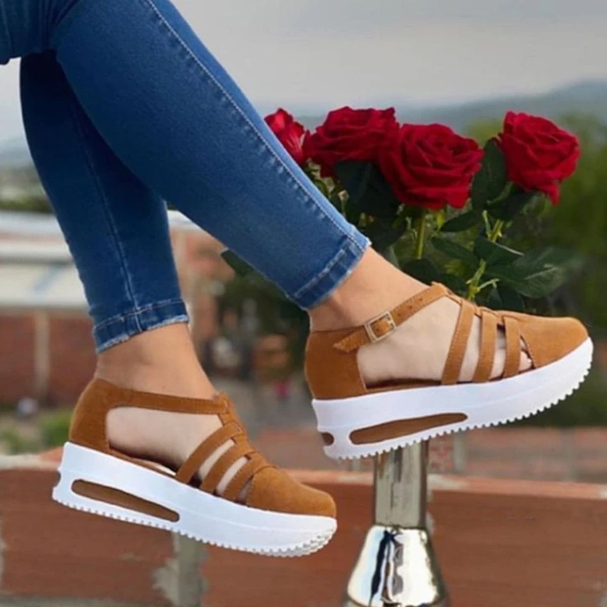 Sandals Women Fashion Wedge Platform Buckle Strap Sandals Solid Color Casual Breathable Beach Shoes Ladies Sandalias