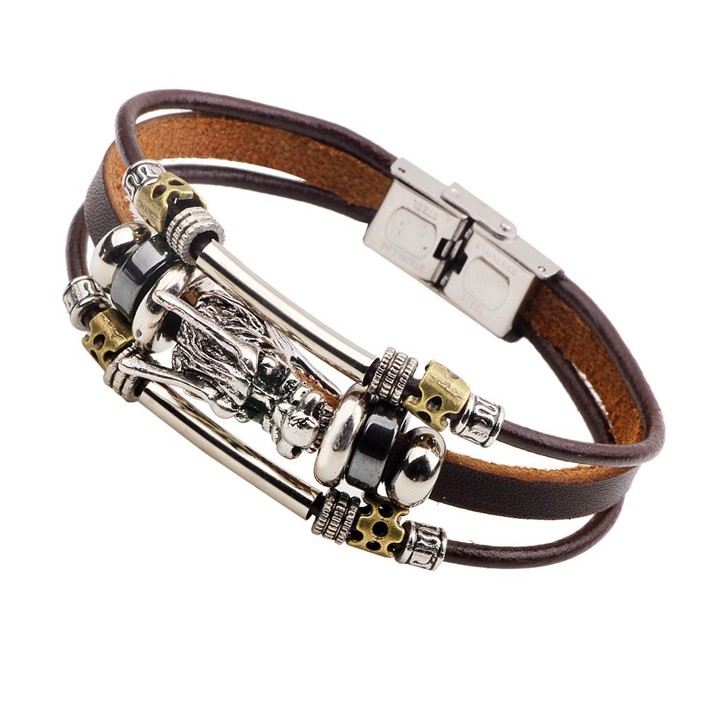 Tibetan Silver Men Leather Bracelet Fashion Male Vintage Parataxis Dragon Multilayer Jewelry