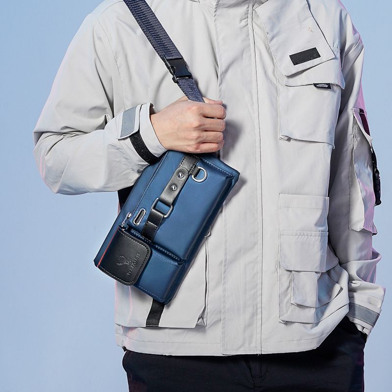 Men Waist Bag Sports Chest Bag Leather Crossbody Bag Blue