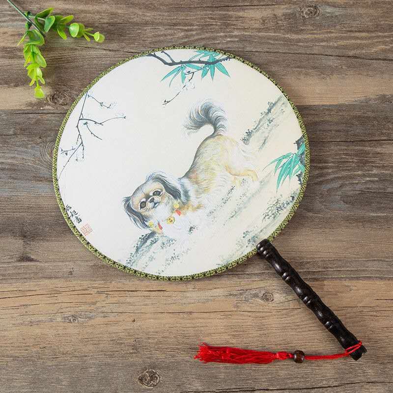 Hand Ladies Antique Fan Chinese Double Decorative Fan Round Handle 24cm Big Costume Fan Circle Dance Silk Printed Large