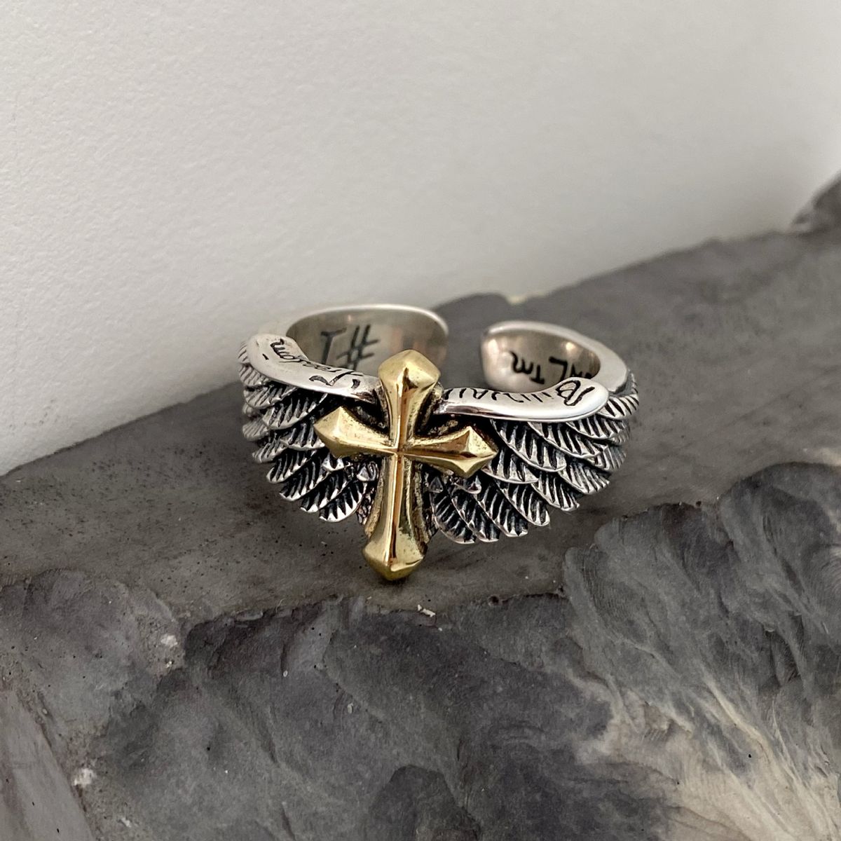 Silver Wings Cross Graffiti Letter Opening Ring Power Style Personalized Men's Ring
