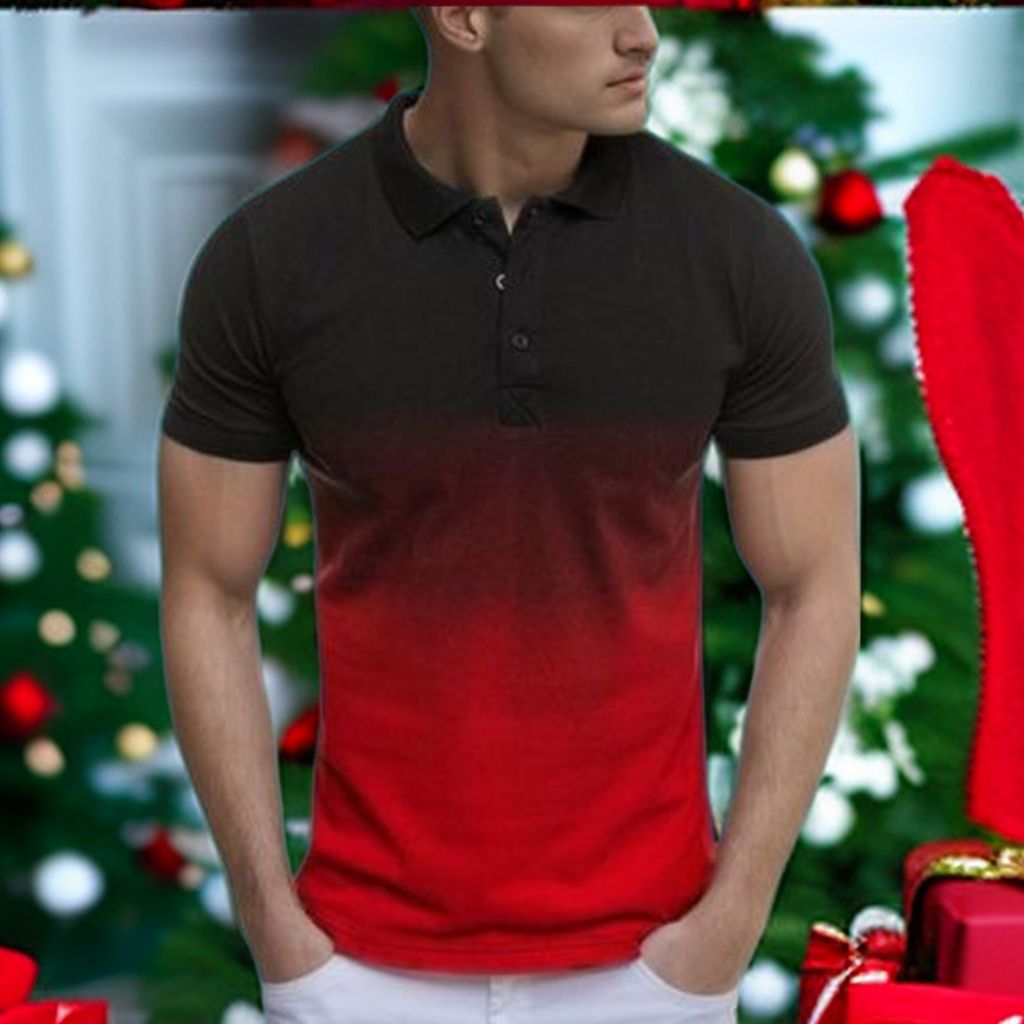 Mens Casual Business T-shirt Polos Shirts Stand Collar- Red