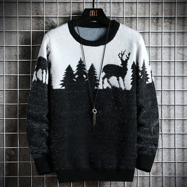 Men  Autumn Winter Casual Christmas Tree Deer Pullover