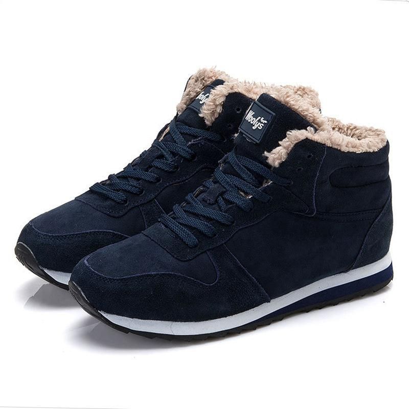 Men Boots  Men's Winter Sneakers Winter Snow Boots Man Lace-Up Suede Ankle-lambswoolBLUE
