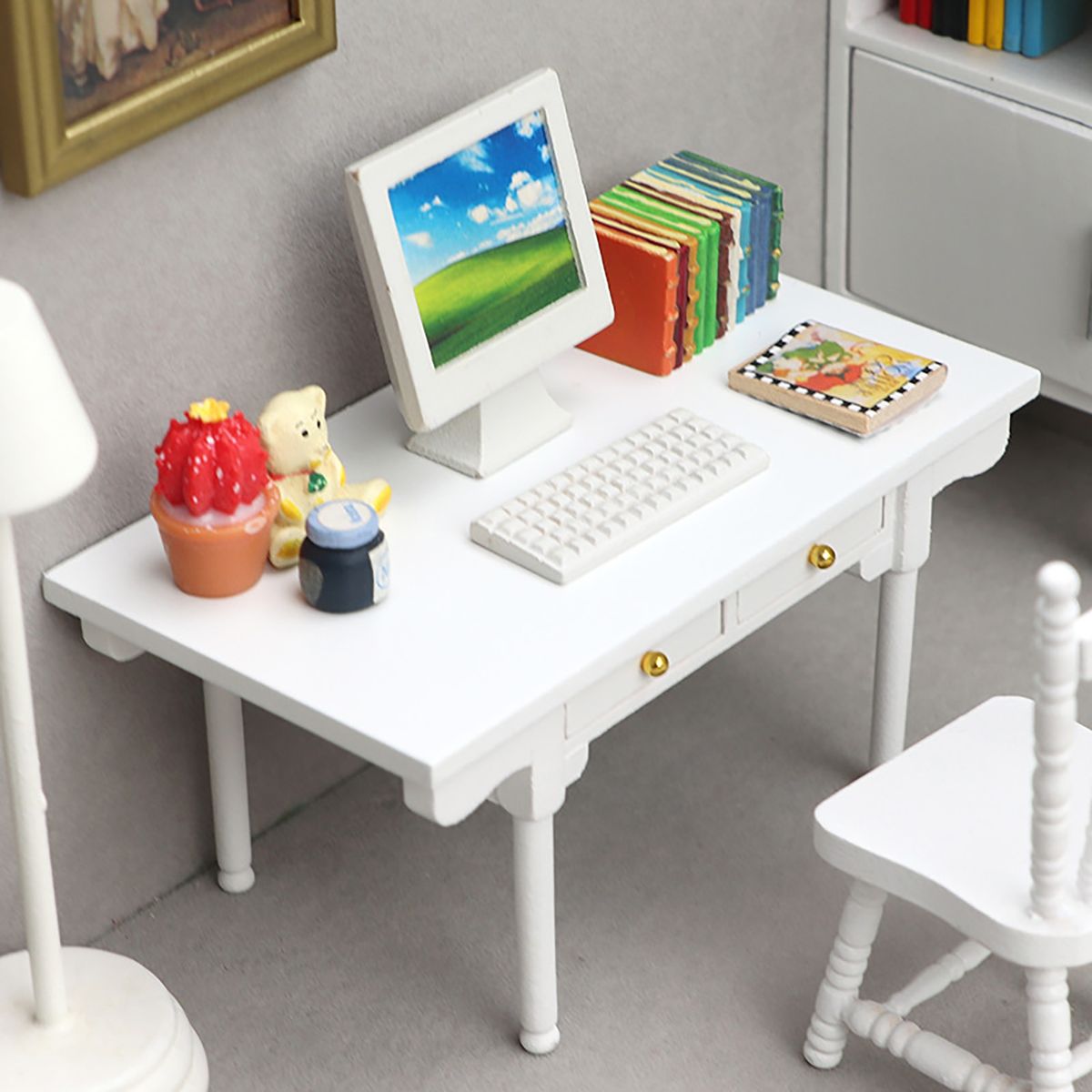 Doll House Desk Mini Miniature Dollhouse Wooden Desk Table White