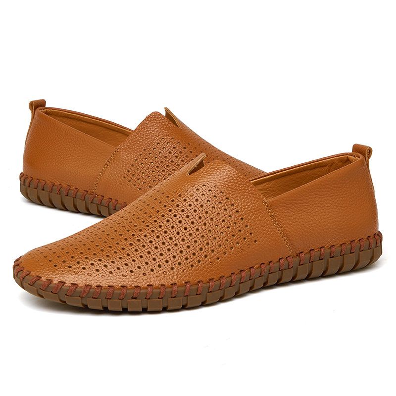 Loafers Leather Slip On Casual Shoes Moccasins Plus Size Hole Brown