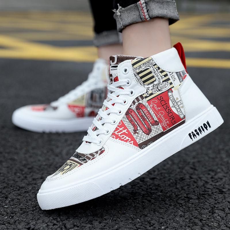 Size(39-46) Plus size men's sneakers high top graffiti sneakers White Red