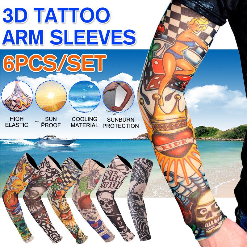 6PCS 3D Tattoo UV Protection Arm Sleeves Cooling Nylon Breathable High Elastic Outdoor Cycling Driving Arm Sleeves For Men