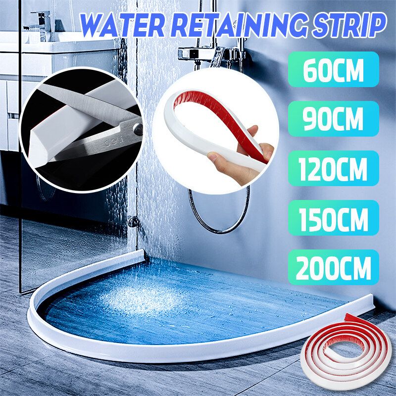 60/90/120/150/200cm Silicone Kitchen Bathroom Shower Water Retaining Strip Self-Adhesive Flexible 360° Bending Bathroom Floor Water Stopper Strip Water Barriers Floor Water Separation 15mm 120cm