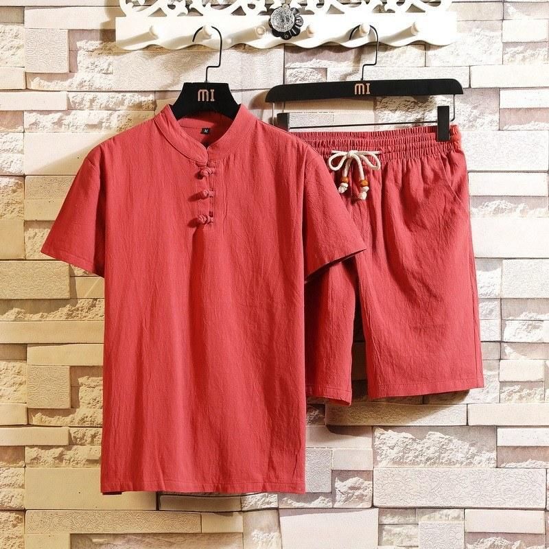Summer new men's cotton and linen casual suit fashion solid color stand-up collar short-sleeved T-shirt + comfortable slim shorts for trendy men Redwine 2XL