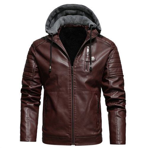 Men's Fleece Liner PU Leather Jackets Coats With Hood