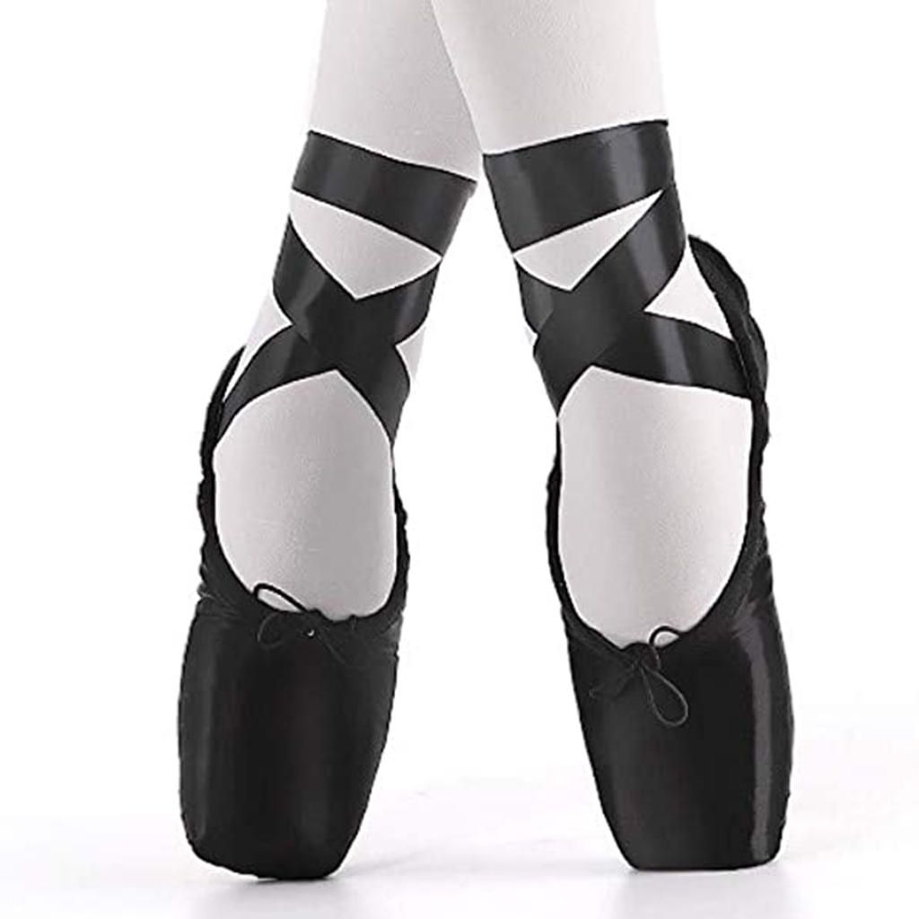 Satin Ballet Pointe Shoes & Ribbon Ladies Kids Dance Toe Shoe Black 43