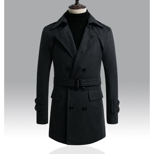 Gray Autumn Winter New Men Coat Casual Mid-length Woolen Double Breasted Windbreaker Belt